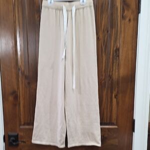 Beige Wide-Leg Pants with White Drawstring